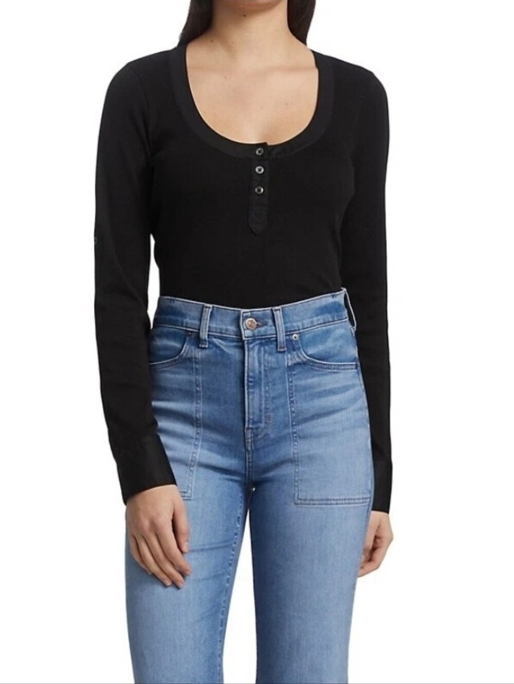 Veronica Beard - McKenna Henley Black Long-Sleeve Scoop Henley Top
